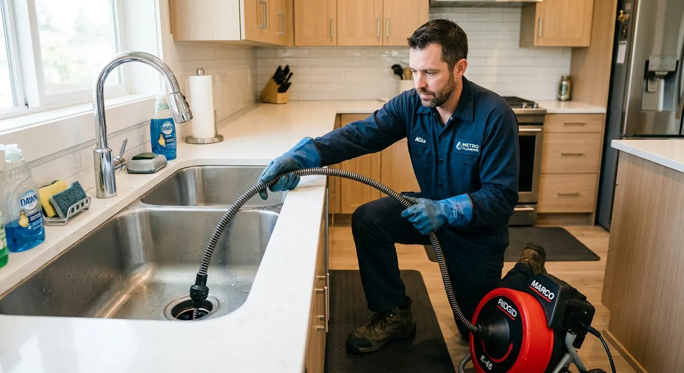 Drain cleaning technician using a motorized snake on a kitchen sink in Farr West
