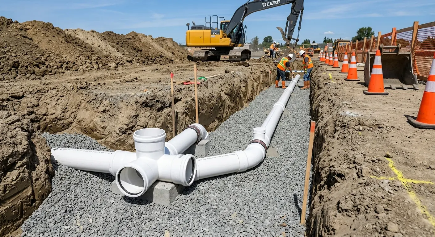New PVC sewer pipe installation in open trench for Sewer Backup in Farr West