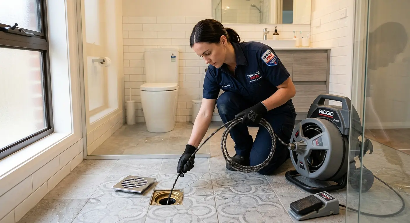 Technician clearing a bathroom floor drain for Drain Cleaning in Farr West